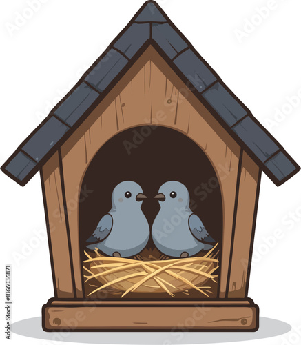 Cartoon Birdhouse with Two Gray Lovebirds Nest Flat Vector Illustration
