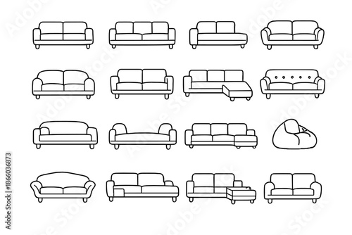 Collection of modern sofa icons on a gradient background