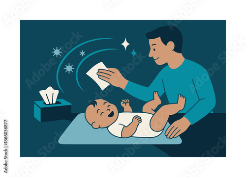 Parent Cleaning with Baby. Clean-up routine. Parent using wipes with smooth arcs sweeping away tiny dust icons; baby kicking playfully. Light shimmer for