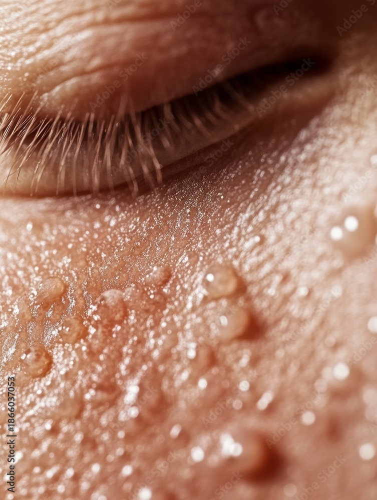 Fototapeta premium This image shows a close-up of human skin where sweat droplets are seen. The pores and texture of the skin are clearly visible.
