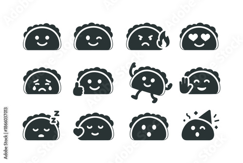 Taco Emoji Icons. Taco emojis. Solid icon set of Taco emojis: smiling taco, winking taco, spicy taco, heart eyes taco, crying taco, taco thumbs up, dancing