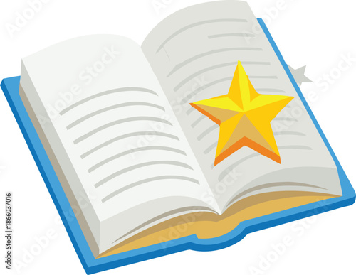 an open english book with a bright yellow star resting above it high quality