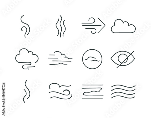 Smoke Icon Pattern. Smoke patterns. Line icon set of Smoke patterns: smoke curl, rising plume, drifting smoke arrow, dense cloud icon, low-lying smoke,