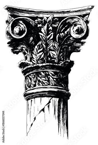 Hand drawn line art illustration of a Corinthian column capital depicting ornate details and a cracked shaft for ancient architecture themes