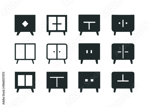 Minimalist Room Icon Set. Designing a minimalist room. Icon set. Set Logo of designing a minimalist room: storage cabinet silhouette. harmonious logo