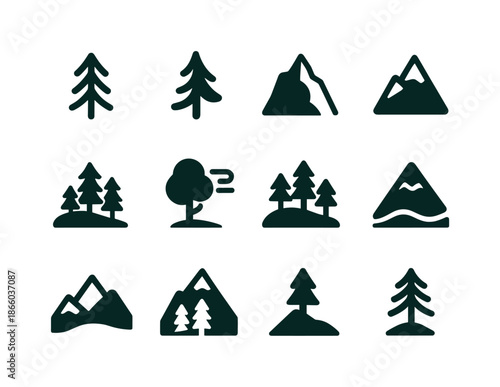 Mountain Tree Icons. Mountain Trees. Solid icon set of Mountain Trees: spruce outline, alpine tree, rocky slope, snowy peak, clustered trees, tree with wind,