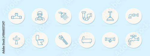 Plumbing set icon. Pipe connector, plumber, shower head, curved pipe, plunger, faucet, sink, toilet, wrench, bathtub, leaking pipe, water tap, drainage tools and fixtures.
