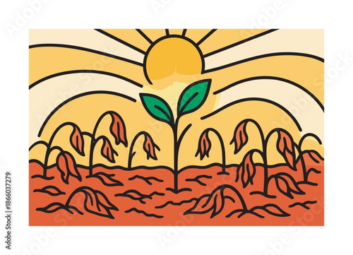 Green Sprout Resilience. Dried-up crops ? hope and resilience. A single green sprout rises among wilted leaves; glowing rays and soft curves suggest renewal.