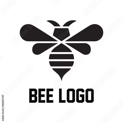 Flat design vector illustration of a yellow and black striped bee icon with open wings, minimalist style, suitable for logos and concepts.