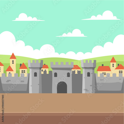 Fantasy Medieval Castle City Walls Flat Illustration