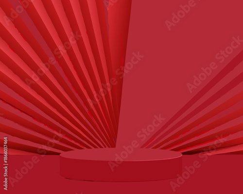 Abstract red stage with a cylindrical pedestal dramatic lighting and radial lines