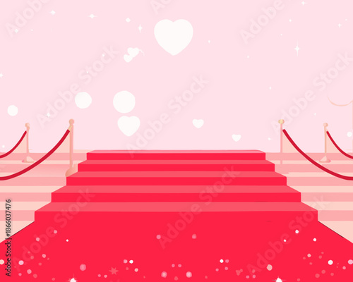 A pink backdrop with a red carpet and decorative heart elements