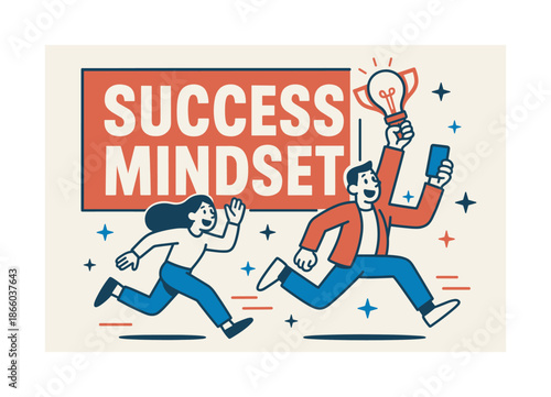 Success Mindset Banner. Success mindset banner, flat vector illustration, bold oversized text inside rectangular frame, cartoon characters running and waving