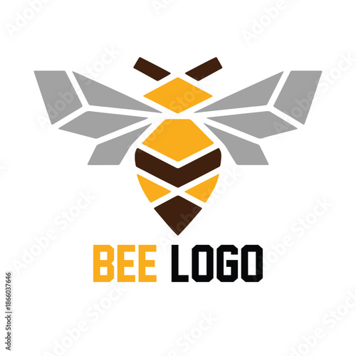 Flat design vector illustration of a yellow and black striped bee icon with open wings, minimalist style, suitable for logos and concepts.
