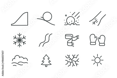Winter Icon Set. rolling down the hill. Line icon set of rolling down the hill: winter hill, snow roll, snowball crash, icy patch, snowflake icon, sled track,