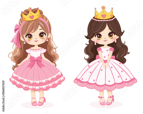Cute little girl princess with different nationalities and beautiful eyes in dress and golden crown. Isolate on white background, Vector illustration in flat drawn cartoon style