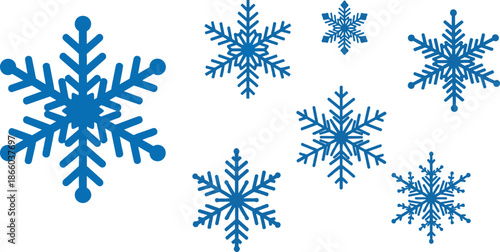 Blue snowflake illustration, winter icon set, unique ice crystal, symmetrical frost design, seasonal graphic, cold weather symbol, nature art