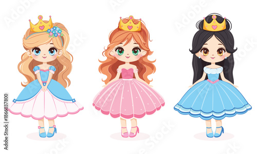 Cute little girl princess with different nationalities and beautiful eyes in dress and golden crown. Isolate on white background, Vector illustration in flat drawn cartoon style