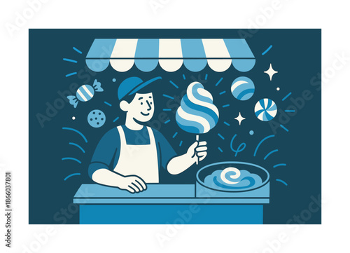 Colorful Sweet Treats. Sweet treat vendor. Person serving cotton candy or ice cream with colorful swirls; floating candy and sparkle icons. Playful mood lines