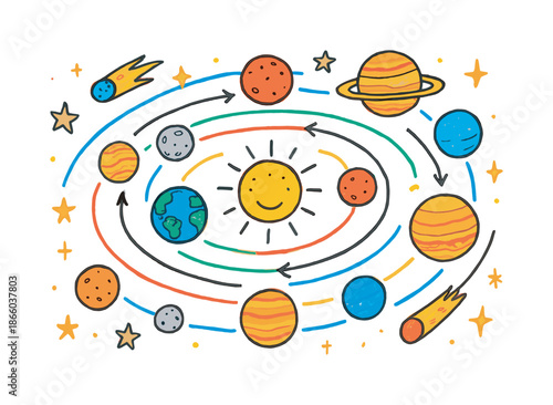 Colorful Space Doodles. Planetary Orbits. Colorful Hand-drawn doodle Children illustration Planetary Orbits rings, arrows, planets, moons, stars, orbits,