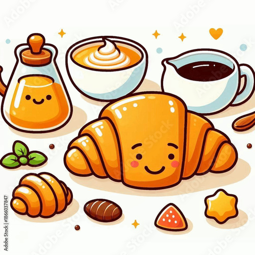 Cartoonstyle pastry breakfast featuring croissants honey and sauces with smiling faces