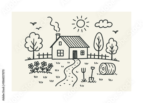 Charming Country Home. Country home. Hand-drawn doodle illustration Country home farmhouse, chimney smoke, trees, fence, sun, clouds, flower patch, garden