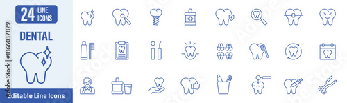 Dental web icons in line style. Contains icons as dental, toothbrush, toothpaste, dentistry, shiny smile, healthy, teeth and more. Vector illustration.