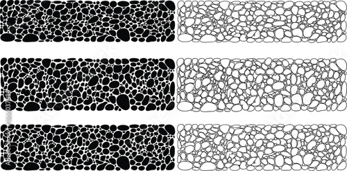 Pebble texture grid, abstract tiling pattern, black white contrast, organic shape study, spatial density variation, design texture comparison
