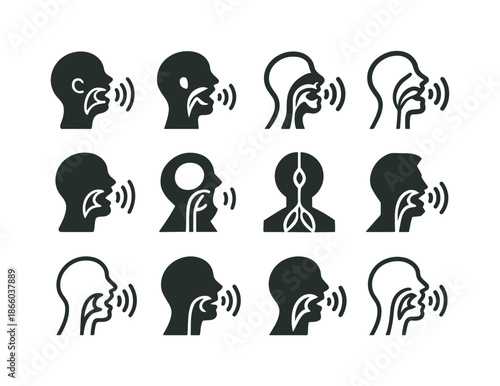 Vocalist Logo Variations. Vocalist singing. Icon set. Set Logo of vocalist singing: vocal cords stylized symbol. harmonious logo variations of the same