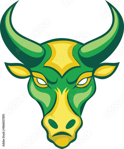 A vibrant green and yellow cartoon bull head illustration facing forward with intensity