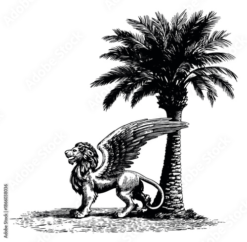 Vintage line art illustration of a winged lion depicting a mythological creature next to a palm tree for fantasy themes