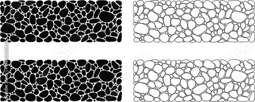 Pebble tiling pattern, abstract stone texture, black white contrast, spatial arrangement study, organic packing design, irregular shape grid
