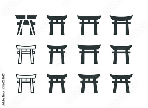 Sacred Pilgrimage Icons. Pilgrimage routes and sacred destinations. Icon set. Set Logo of pilgrimage routes and sacred destinations: ancient temple gate.