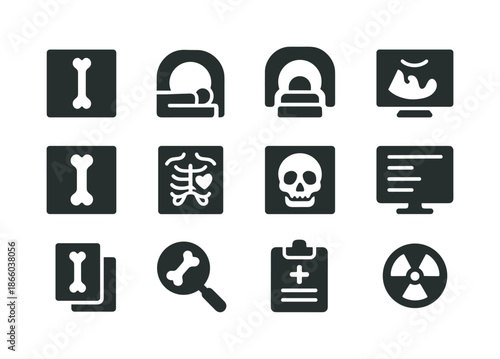 Medical Imaging Icons. Medical Imaging. Solid icon set of Medical Imaging: x-ray icon, CT scan icon, MRI icon, ultrasound icon, bone image, chest scan, skull