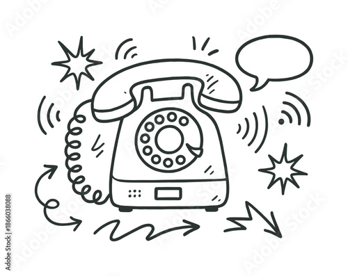 Retro Phone Sketch. Analog phone. Hand-drawn doodle illustration Analog phone rotary dial, handset, sound wave lines, coiled cord, phone base, number pad,