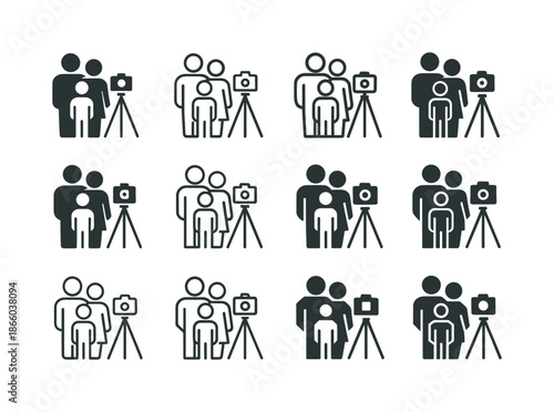 Family Vacation Icons. taking a family vacation photo. Icon set. Set Logo of taking a family vacation photo: family holding camera on tripod. harmonious logo