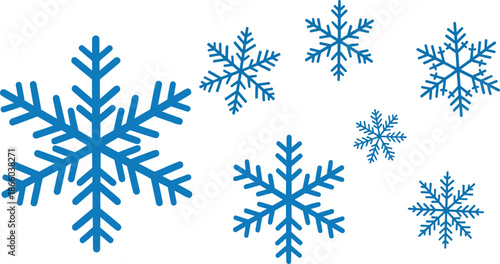 Blue snowflake set, winter vector icons, symmetrical ice crystals, seasonal graphic design, cold weather symbols, nature-inspired frost illustration