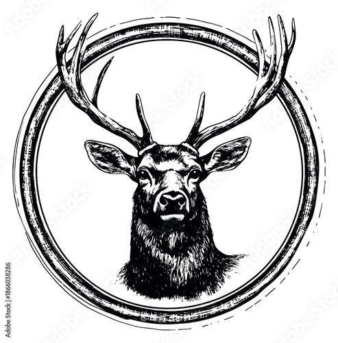 Hand drawn illustration of a deer head depicting a wild stag in a textured circular frame for nature and outdoor design