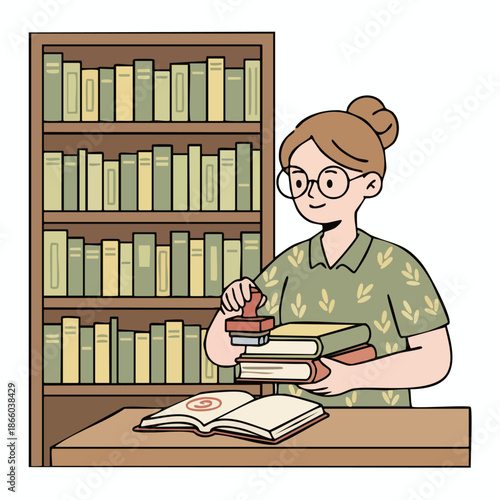 Woman Librarian Stamping Books at Desk in Library