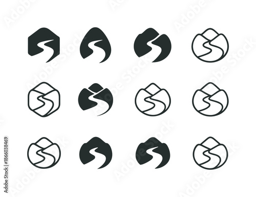 Stream Logo Variations. Stream. Icon set. Set Logo of stream: nature stream emblem. harmonious logo variations of the same emblematic concept, each with