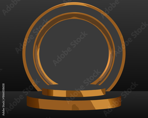 Golden concentric rings and pedestal on a dark reflective background