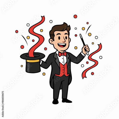 Smiling Magician Performing Magic Trick with Top Hat and Wand