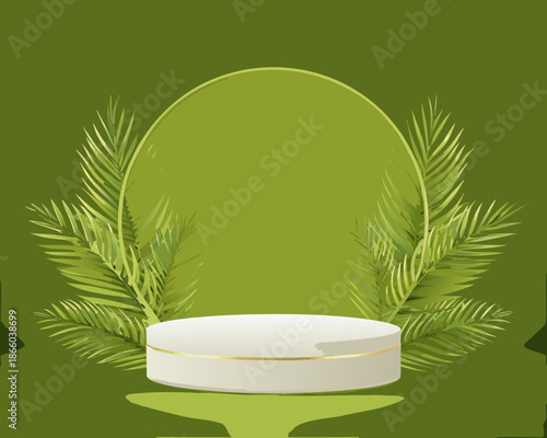 Minimalist product display with tropical leaves and a white cylindrical platform