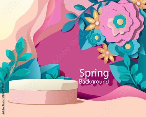 A vibrant spring floral background with a pedestal for product display
