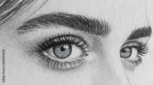 Detailed realistic pencil drawing of female eyes with intricate eyelashes and expressive eyebrows, hand-drawn human anatomy sketch