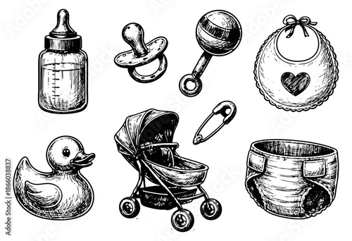 Hand drawn baby accessories set featuring a bottle, pacifier, rattle, bib, rubber duck, stroller, and diaper for newborn designs