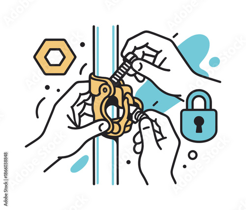 Tightening Scaffold Clamps. Securing joints. A close-up view of hands tightening scaffold clamps while geometric bolt and lock icons hover near. Modern