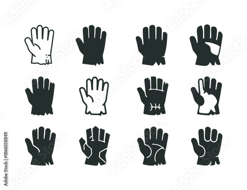 Worn Gloves Icon Set. Worn gloves. Icon set. Set Logo of worn gloves: frayed leather work glove. harmonious logo variations of the same emblematic concept,
