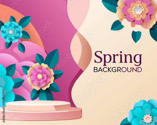 A vibrant spring floral background with a pedestal for product display