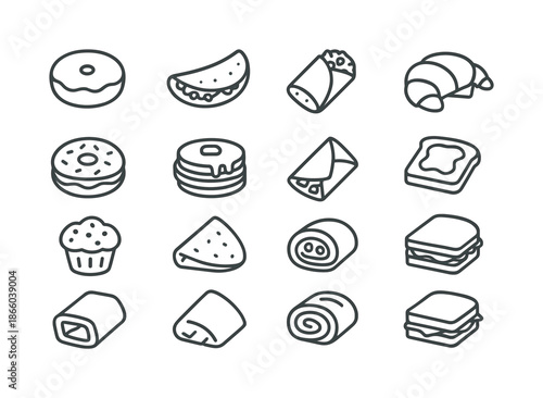 Breakfast Icons Grid. Filled breakfast items. Line icon set of Filled breakfast items: jelly donut, omelet with filling, breakfast burrito, croissant with
